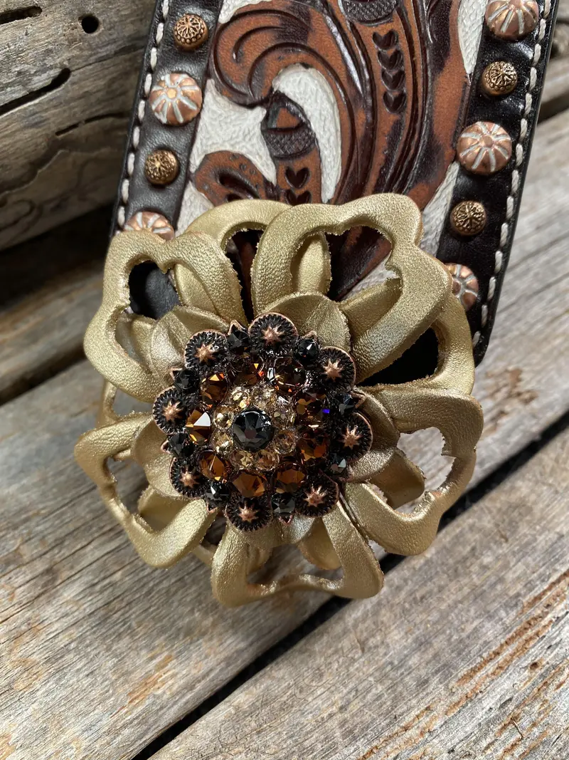Medium Oil Copper Dot Bronc Noseband With Gold Lotus Flowers - Copper Jet, Champagne And Topaz European Crystal Conchos 2