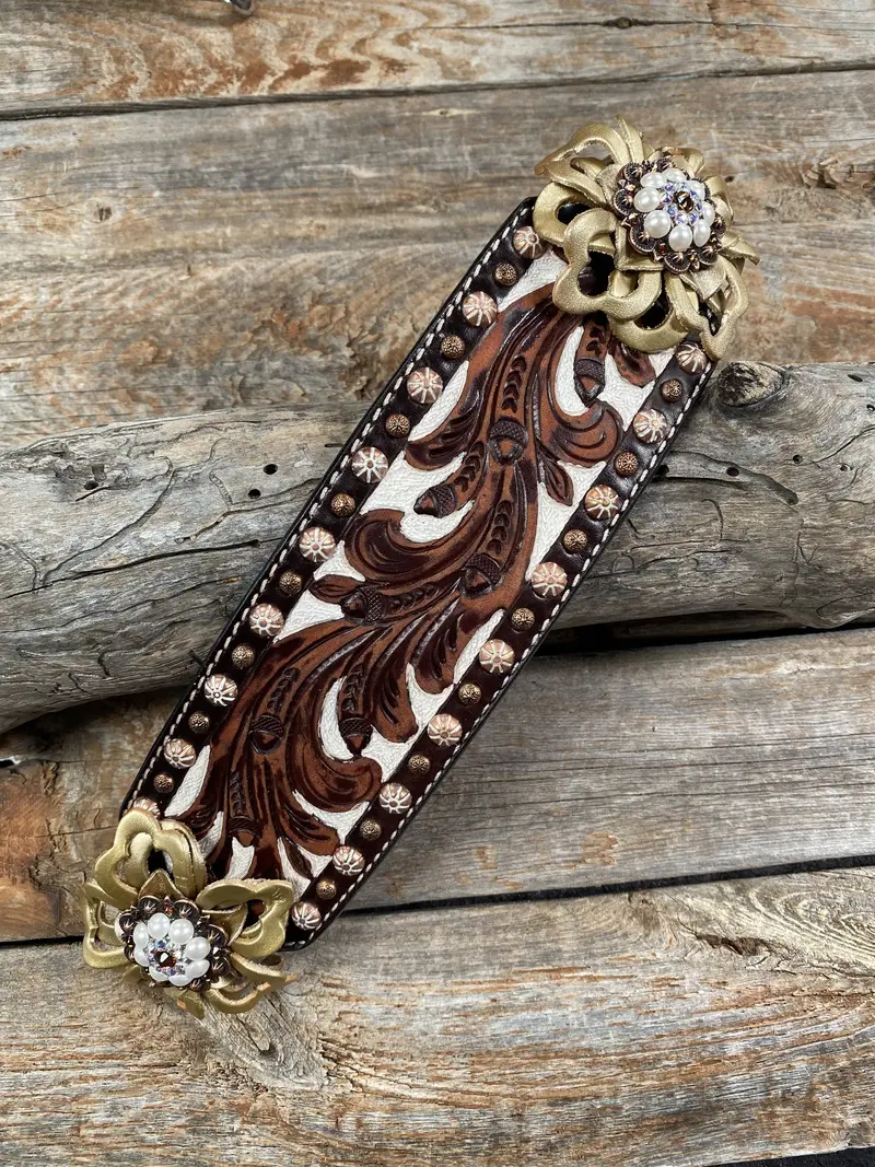 Medium Oil Copper Dot Bronc Noseband With Gold Lotus Flowers / Copper Topaz, Ab, Peal European Crystal Conchos 1