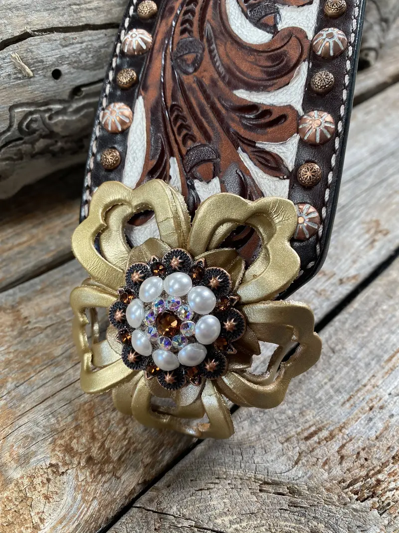Medium Oil Copper Dot Bronc Noseband With Gold Lotus Flowers / Copper Topaz, Ab, Peal European Crystal Conchos 2