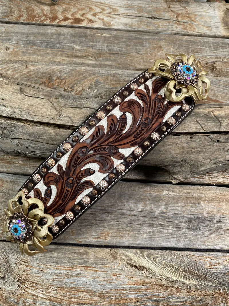 Medium Oil Copper Dot Bronc Noseband With Gold Lotus Flowers / Copper Topaz, Turquoise And Ab European Crystal Conchos 1