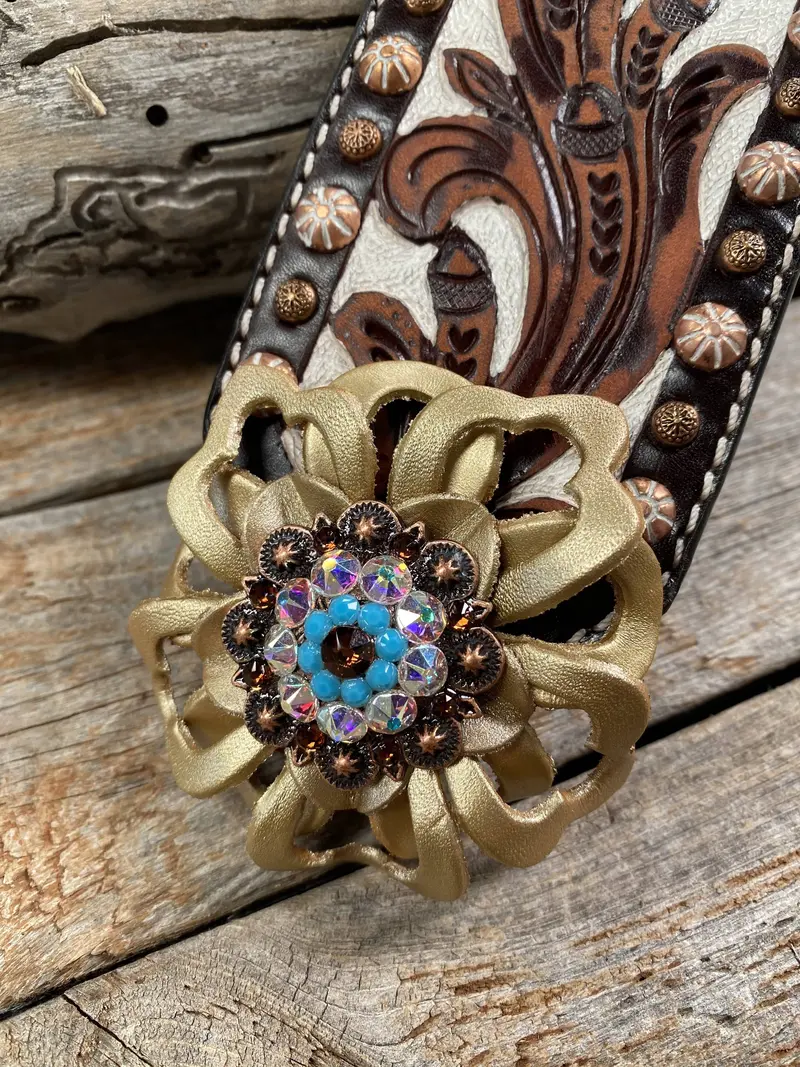 Medium Oil Copper Dot Bronc Noseband With Gold Lotus Flowers / Copper Topaz, Turquoise And Ab European Crystal Conchos 2