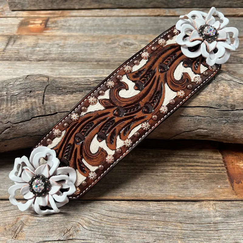 Medium Oil Copper Dot Bronc Noseband With White Lotus Flowers & Copper Ab European Crystal Conchos 1