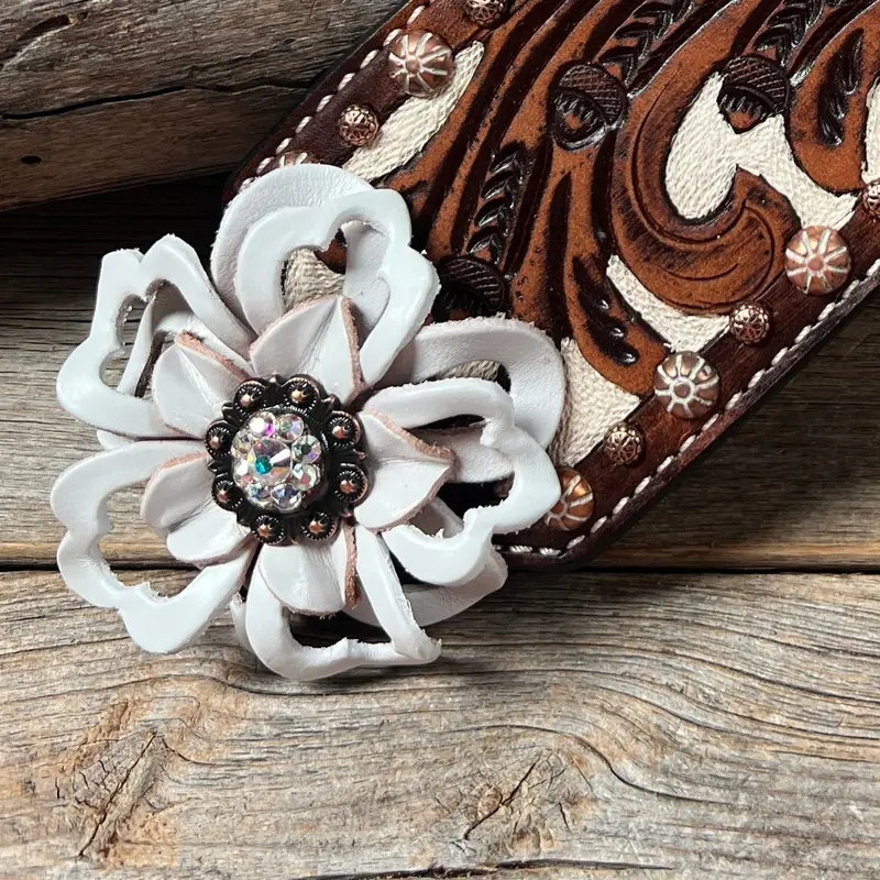 Medium Oil Copper Dot Bronc Noseband With White Lotus Flowers & Copper Ab European Crystal Conchos 2