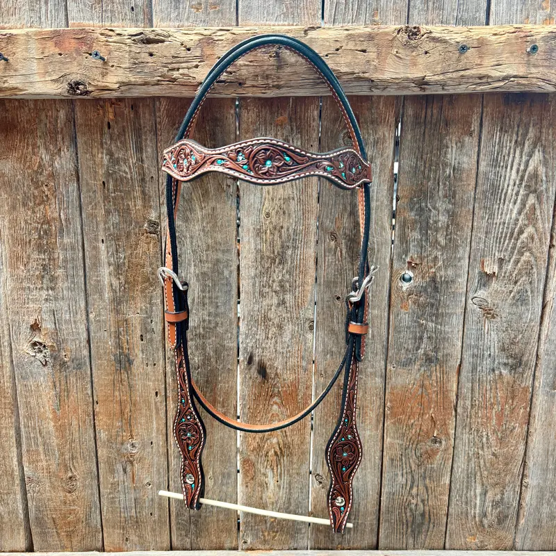 Medium Oil Floral And Teal Dot Browband Headstall / Bridle #24337M 1