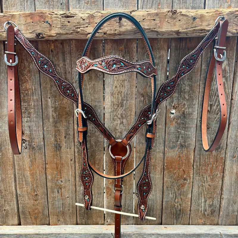 Medium Oil Floral And Teal Dot Browband / One Ear Headstall And Breastcollar Tack Sets 1