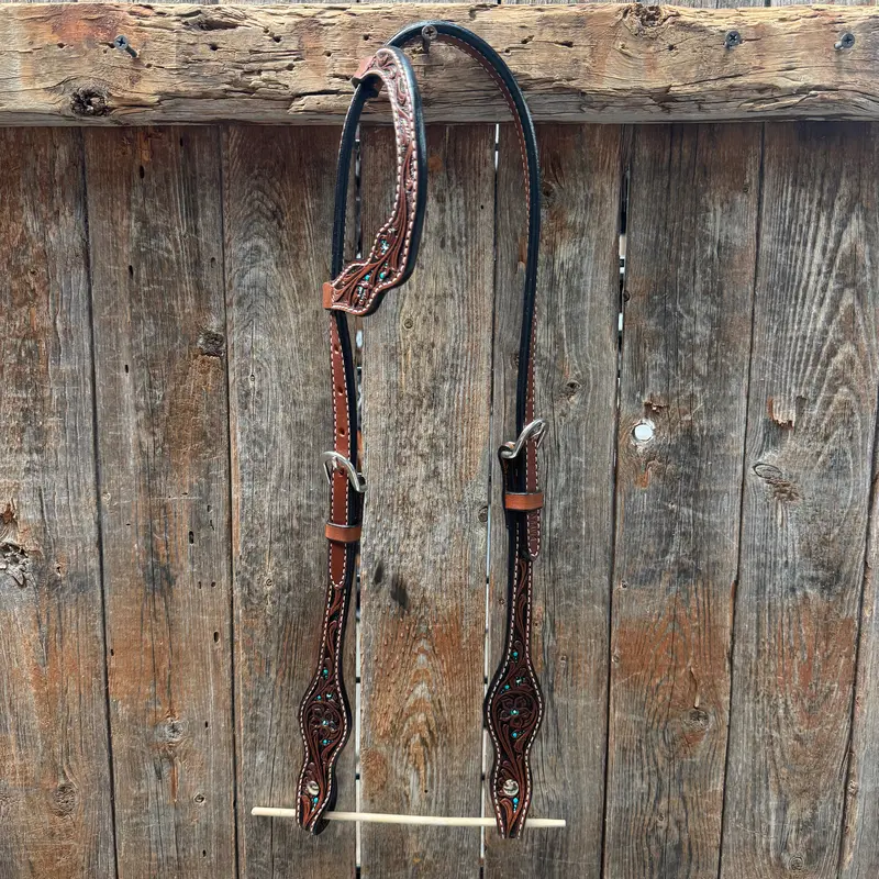 Medium Oil Floral And Teal Dot One Ear Headstall / Bridle #24338M 1