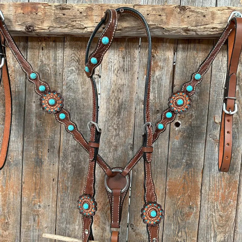 Medium Oil Floral Rosettes And Turquoise One Ear/ Breastcollar Tack Set #Oebc566 1