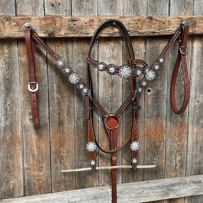 Medium Oil Floral Scalloped Clear Browband / One Ear / Breastcollar Buckstitch Tack Set #Bbbc485 1