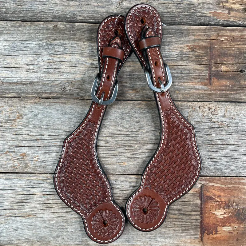 Medium Oil Genuine Leather Basketweave Tooled Spur Straps 1