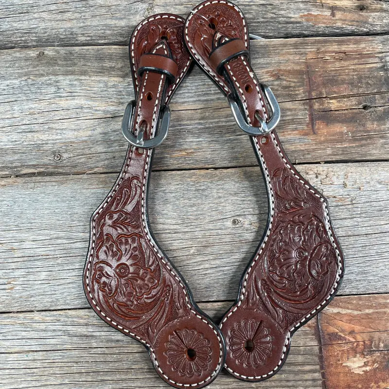 Medium Oil Genuine Leather Floral Tooled Spur Straps 1