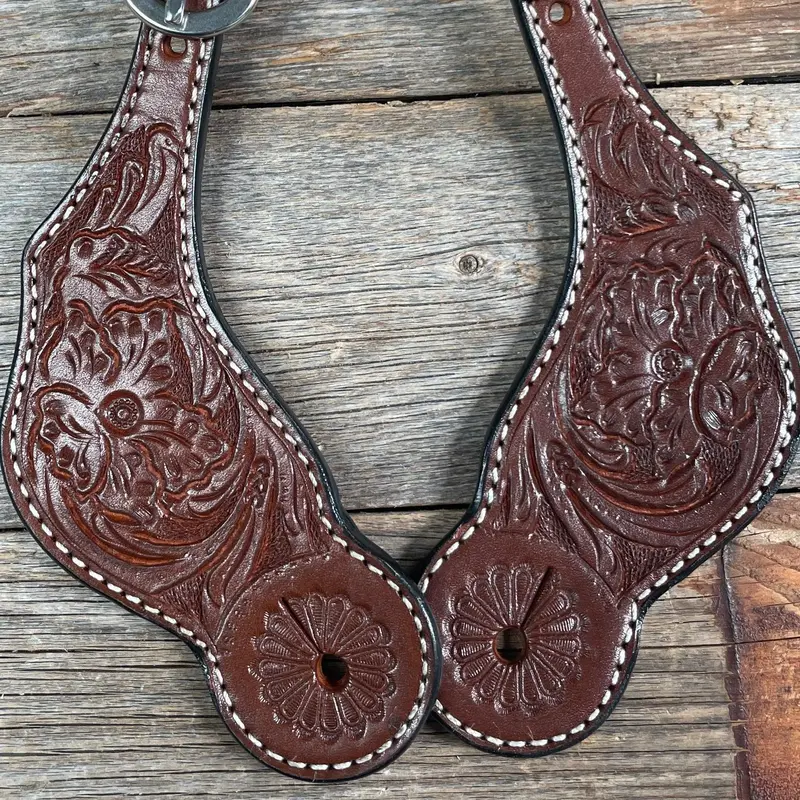 Medium Oil Genuine Leather Floral Tooled Spur Straps 2