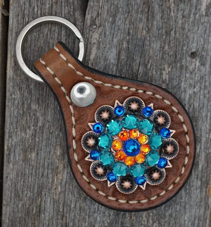Medium Oil Key Chain With Blue European Crystal Concho 1