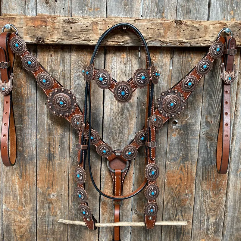Medium Oil Navajo Style Copper Turquoise Browband & Breastcollar Tack Set #Bbbc448 1