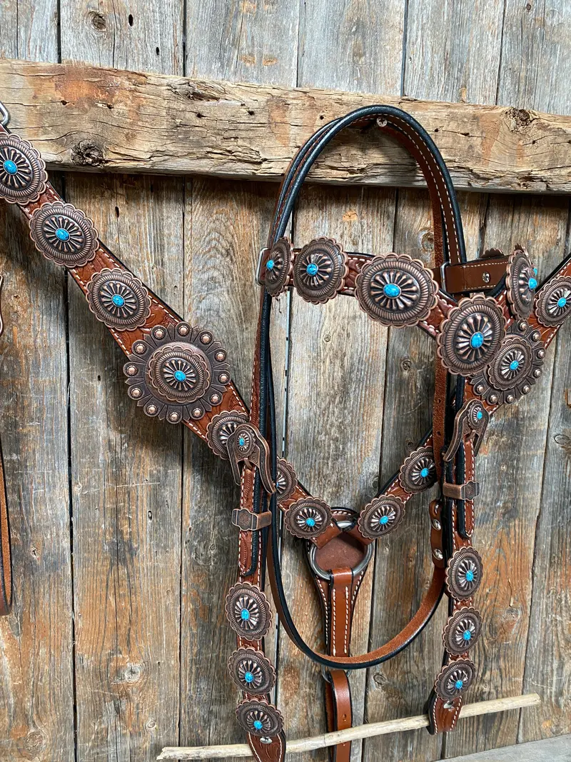 Medium Oil Navajo Style Copper Turquoise Browband & Breastcollar Tack Set #Bbbc448 2