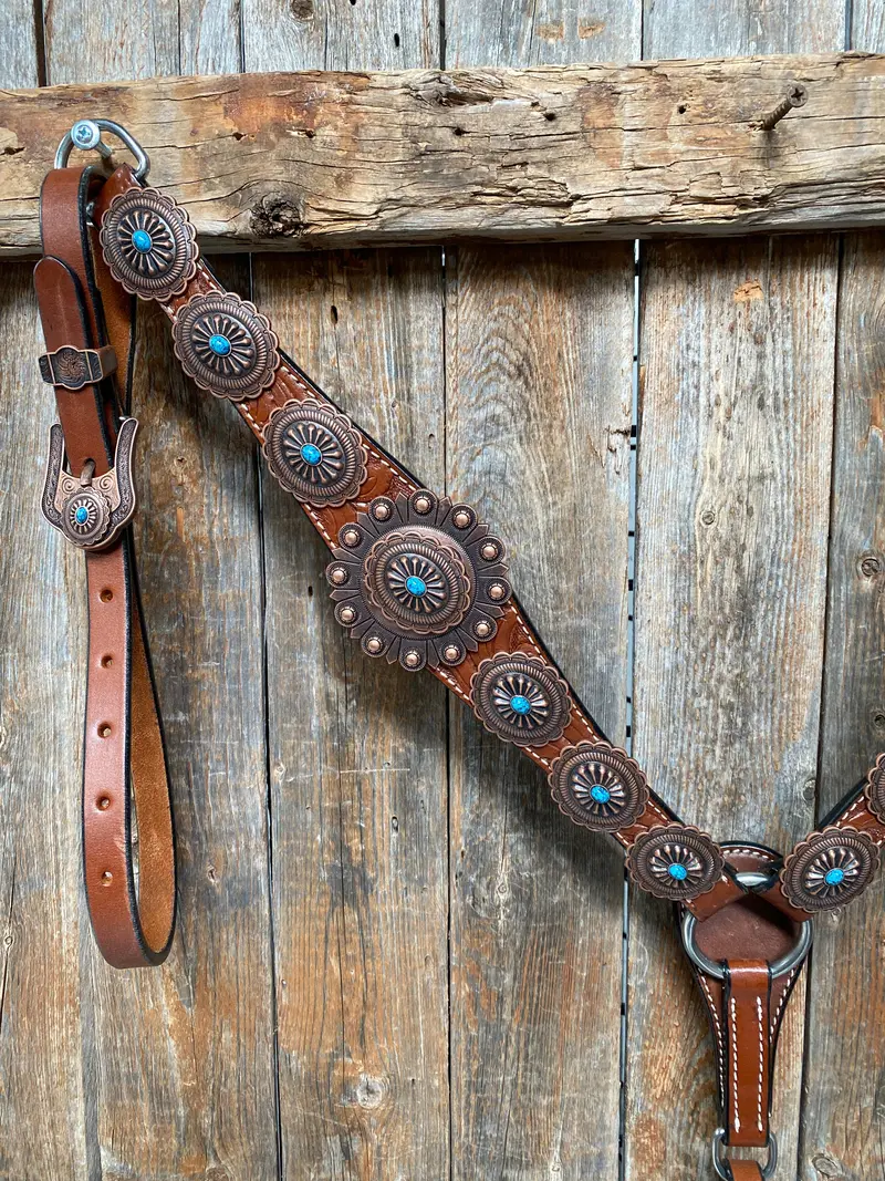 Medium Oil Navajo Style Copper Turquoise Browband & Breastcollar Tack Set #Bbbc448 2