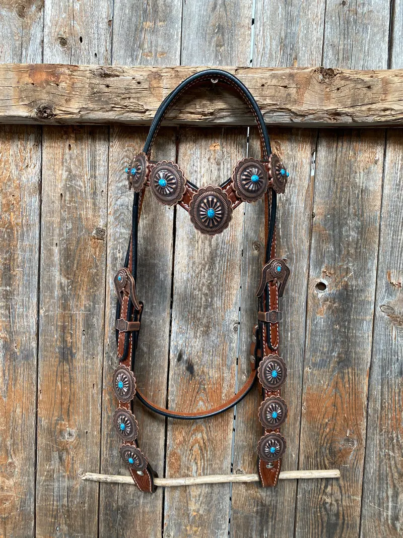 Medium Oil Navajo Style Copper Turquoise Browband & Breastcollar Tack Set #Bbbc448 3