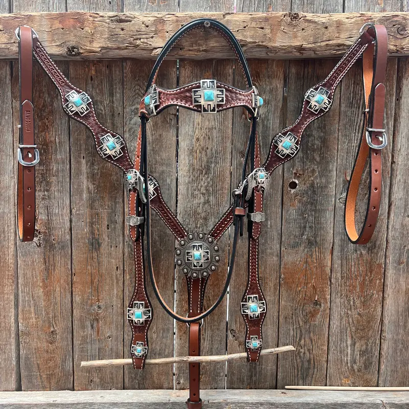 Medium Oil Turquoise Cross Browband/One Ear Headstall Breastcollar Tack Set Bbbc1060 1