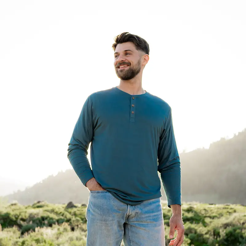 Men's Long Sleeve Henley Top In Atlantic 1