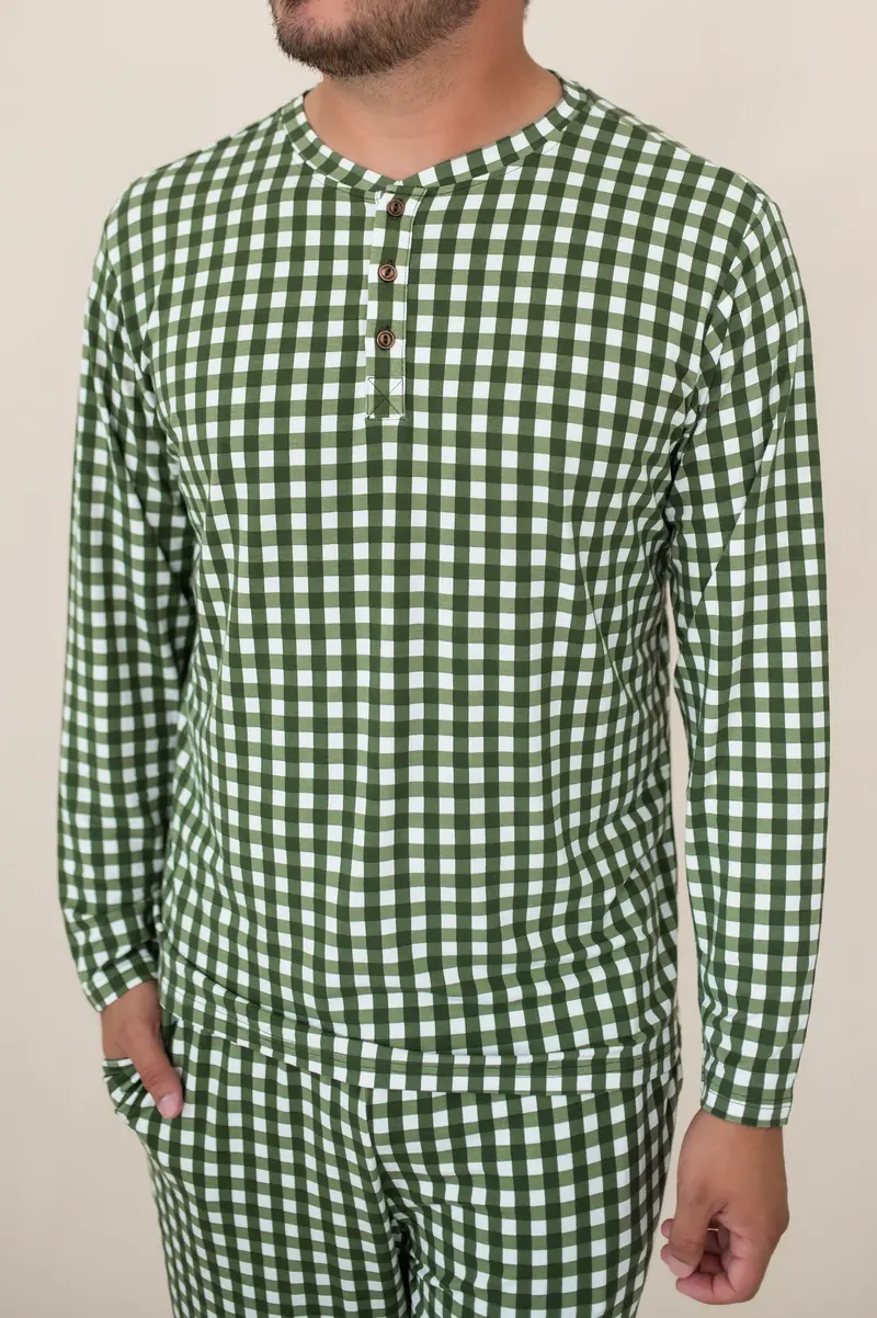 Men's Long Sleeve Henley Top In Gingham Fir 1
