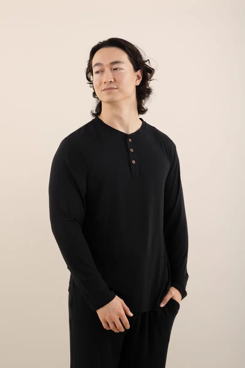 Men's Long Sleeve Henley Top In Midnight 1