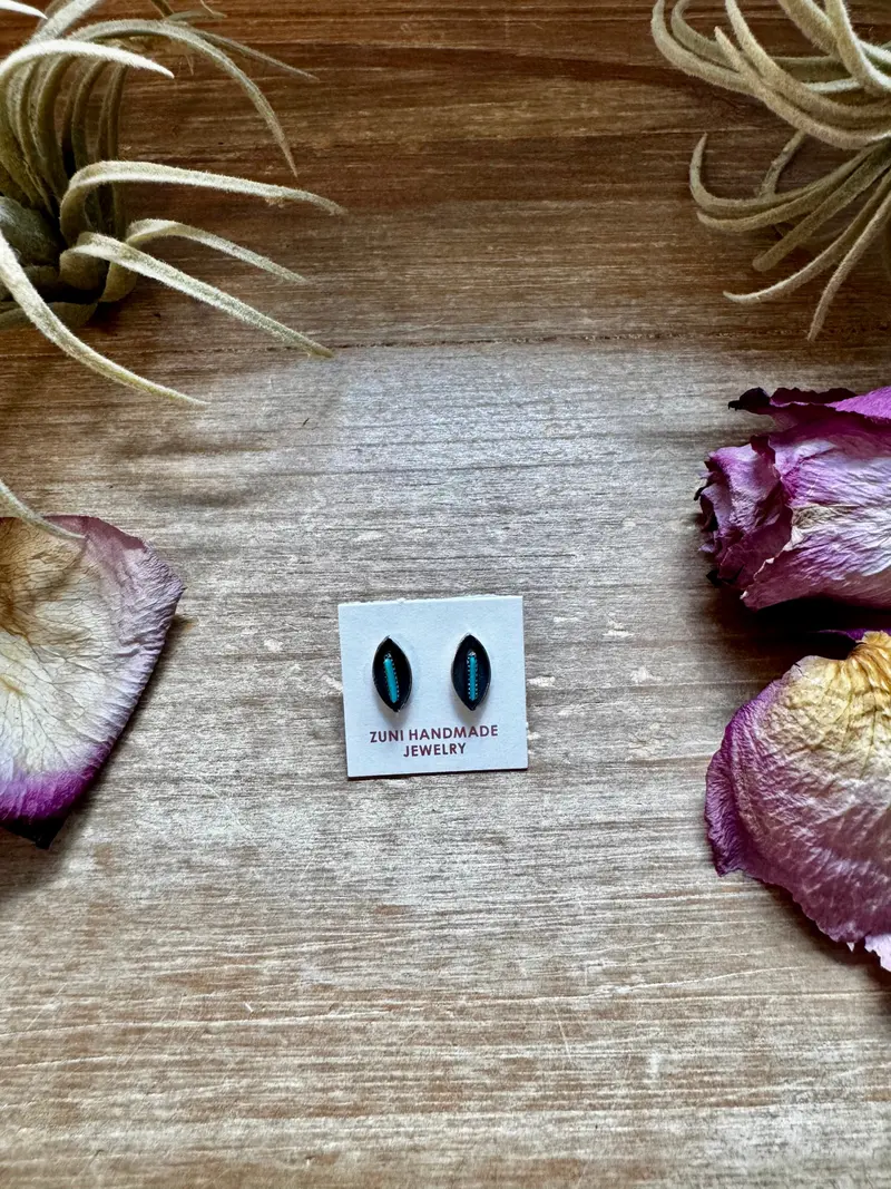 Mini Inlay Earrings – Kingman Turquoise – Sterling Silver – Zuni Made 1