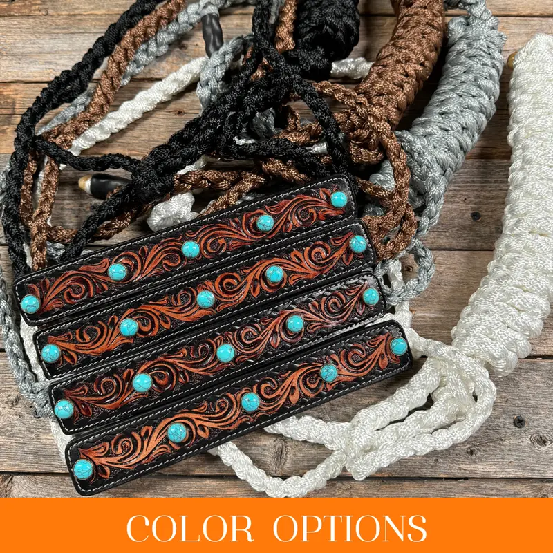 Mule Tape Halter - Leather Noseband And Round Turquoise Cabochon Conchos 1
