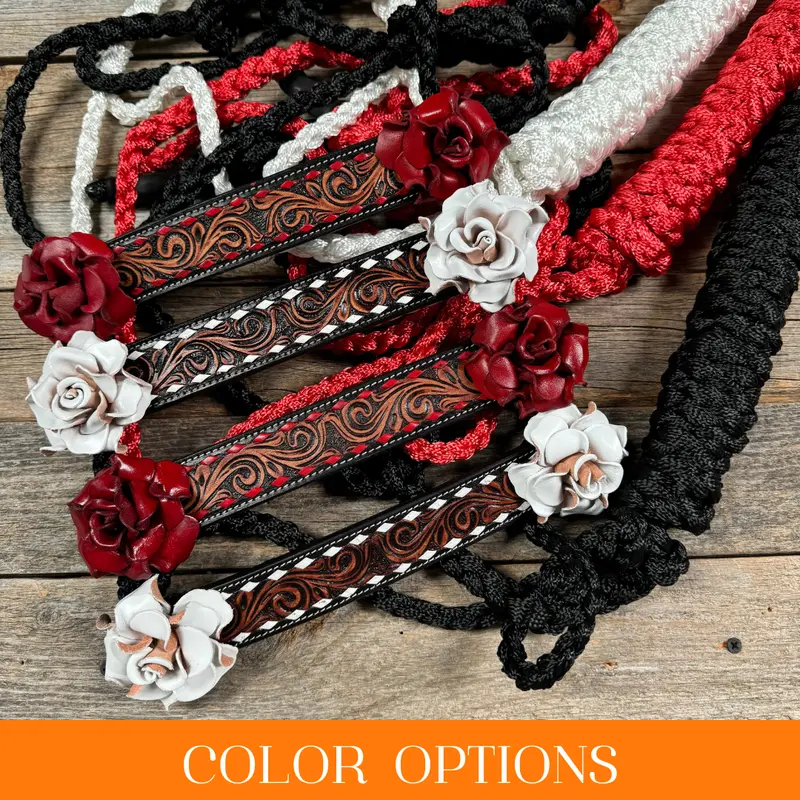 Mule Tape Halter -Leather Noseband - Large Roses 1