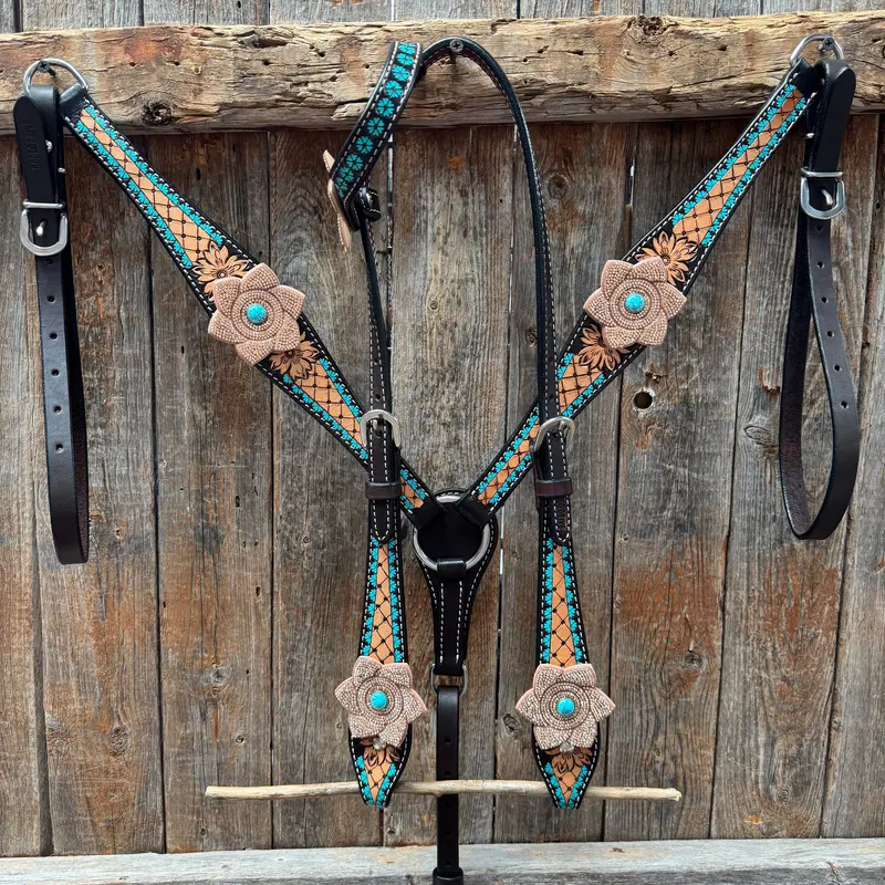 Multi Flower Bling & Turquoise One Ear - Breastcollar Tack Set #Oebc651 1