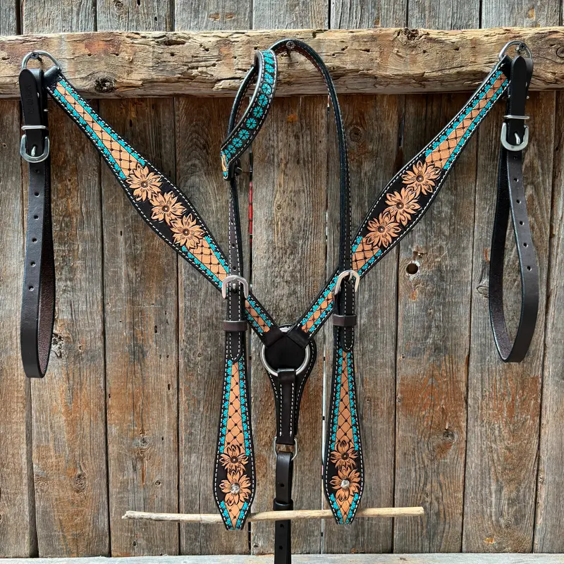 Multi Flower Browband / One Ear Headstall And Breastcollar Tack Set 2