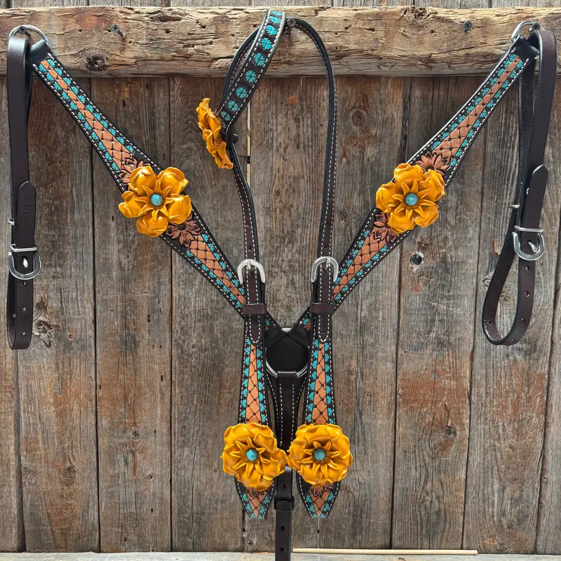 Multi Flower Gardenia & Turquoise One Ear - Breastcollar Tack Set #Oebc455 1