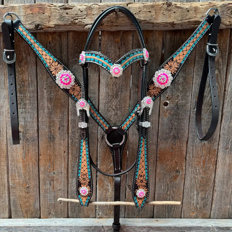 Multi Flower Hot Pink Browband / One Ear - Breastcollar Tack Set #Bbbc647 1