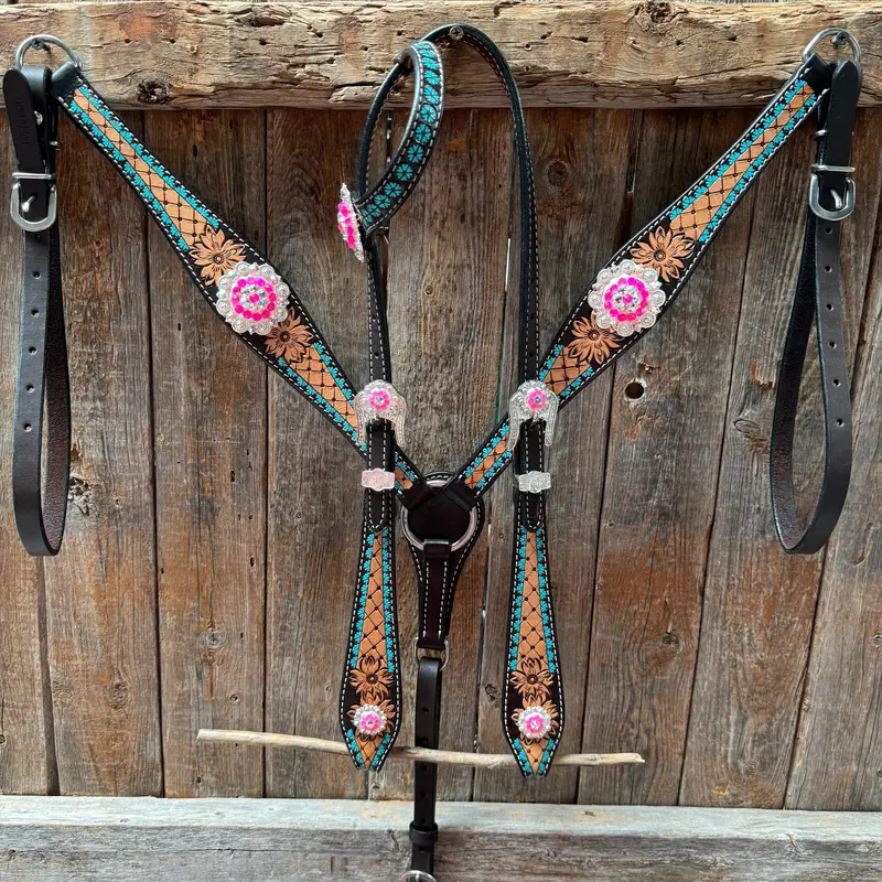 Multi Flower Hot Pink Browband / One Ear - Breastcollar Tack Set #Bbbc647 2