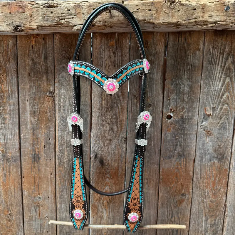 Multi Flower Hot Pink Browband / One Ear - Breastcollar Tack Set #Bbbc647 3