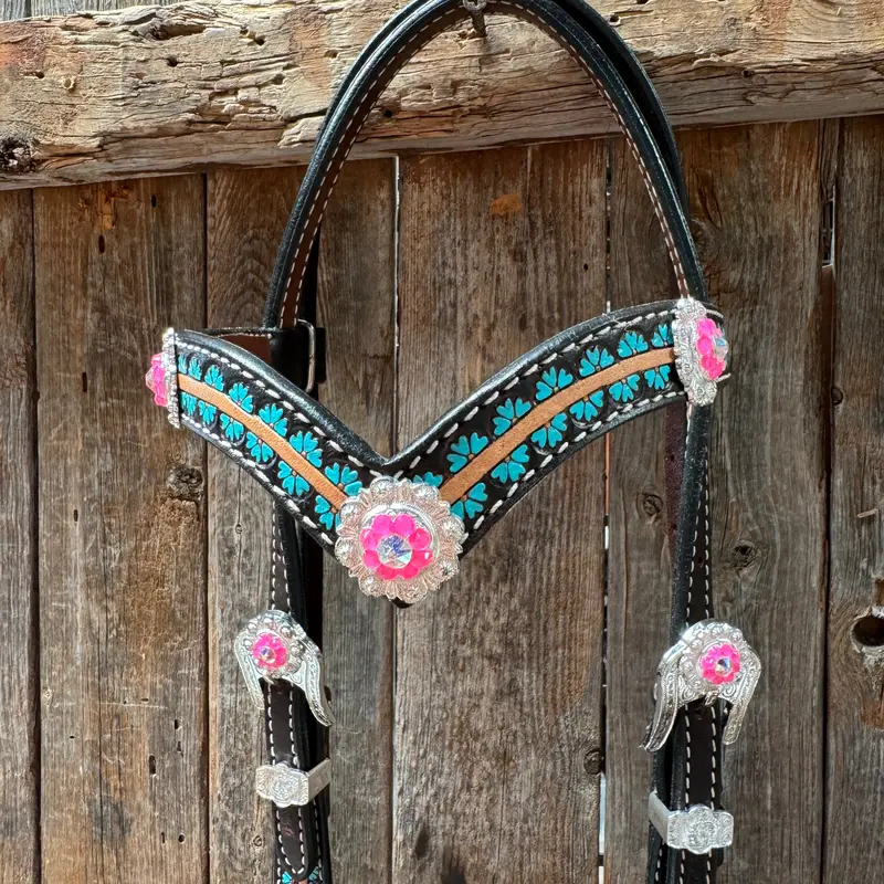 Multi Flower Hot Pink Browband / One Ear - Breastcollar Tack Set #Bbbc647 4