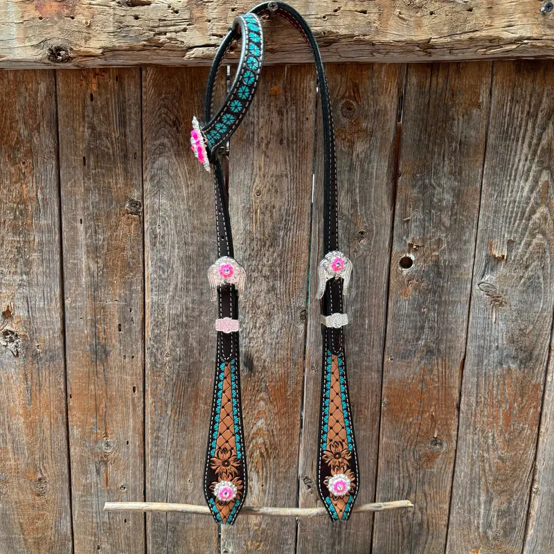 Multi Flower Hot Pink Browband / One Ear - Breastcollar Tack Set #Bbbc647 4