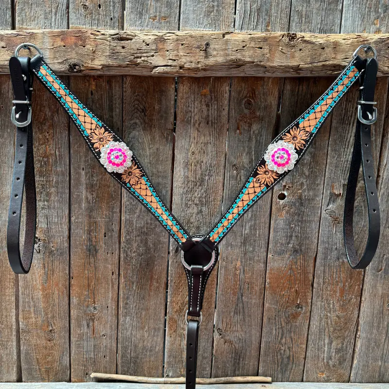 Multi Flower Hot Pink Browband / One Ear - Breastcollar Tack Set #Bbbc647 5
