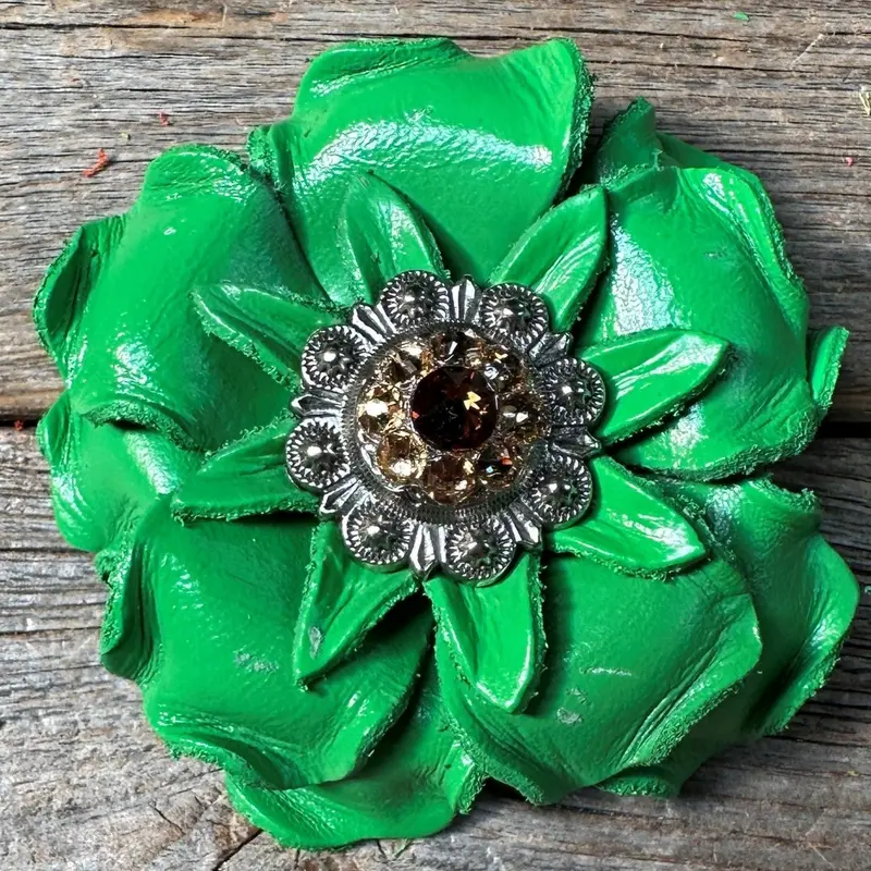 Neon Green Gardenia Flower With Antique Silver Topaz & Champagne 1" Concho 1