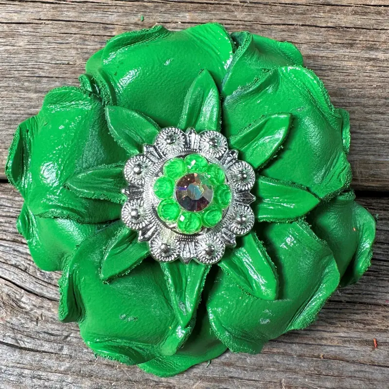 Neon Green Gardenia Flower With Bright Silver Neon Green & Ab 1" Concho 1