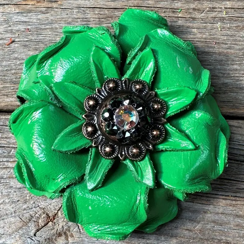 Neon Green Gardenia Flower With Copper Ab & Jet 1" Concho 1
