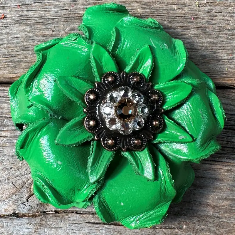 Neon Green Gardenia Flower With Copper Champagne & Clear 1" Concho 1