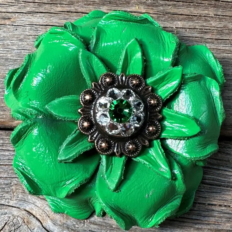 Neon Green Gardenia Flower With Copper Fern & Clear 1" Concho 1
