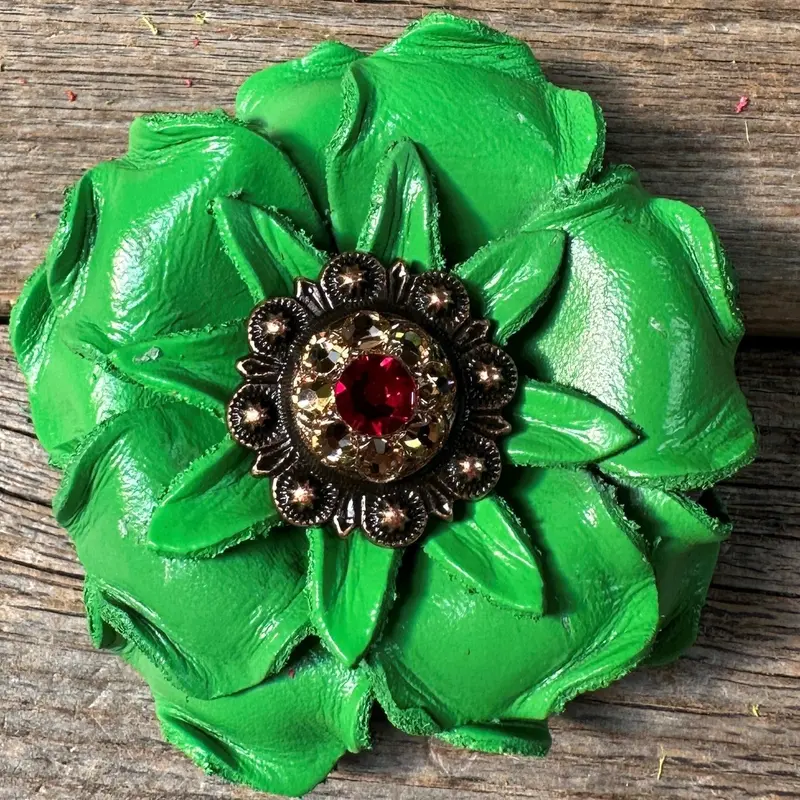 Neon Green Gardenia Flower With Copper Ruby & Champagne 1" Concho 1