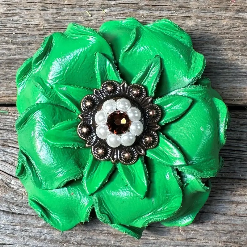Neon Green Gardenia Flower With Copper Topaz & Pearl 1" Concho 1