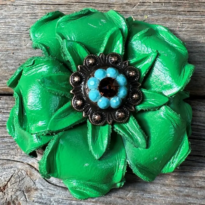 Neon Green Gardenia Flower With Copper Topaz & Turquoise 1" Concho 1