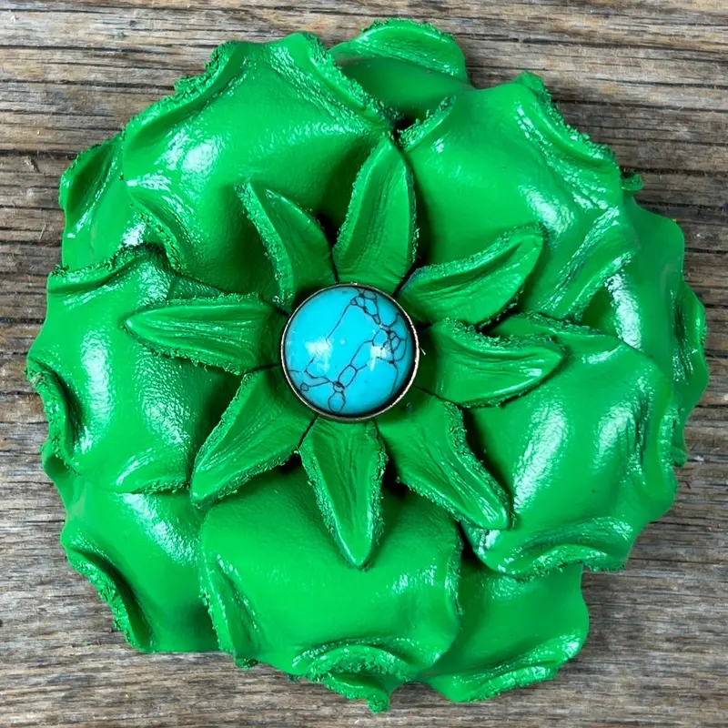 Neon Green Gardenia Flower With Round Turquoise Cabochon 1
