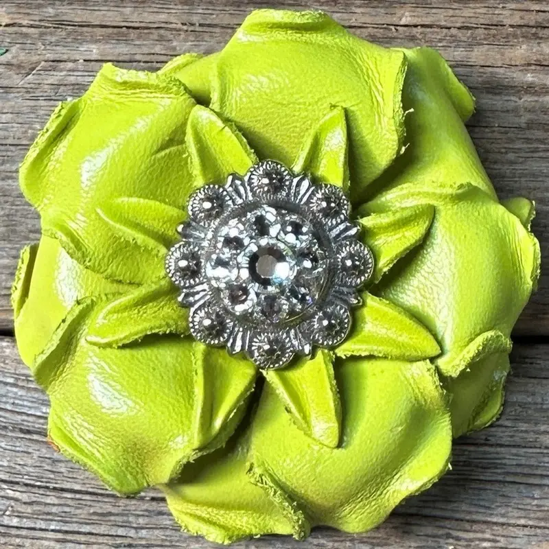 Neon Lime Gardenia Flower With Antique Silver Clear 1" Concho 1