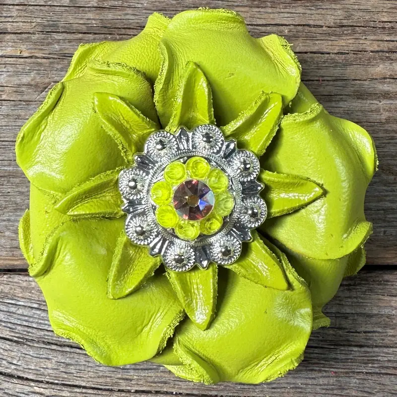 Neon Lime Gardenia Flower With Bright Silver Neon Yellow & Ab 1" Concho 1