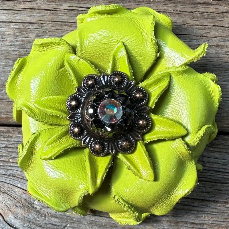 Neon Lime Gardenia Flower With Copper Ab & Jet 1" Concho 1