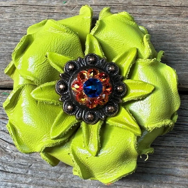 Neon Lime Gardenia Flower With Copper Capri & Fire Opal 1" Concho 1