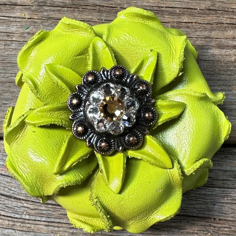 Neon Lime  Gardenia Flower With Copper Champagne & Clear 1" Concho 1